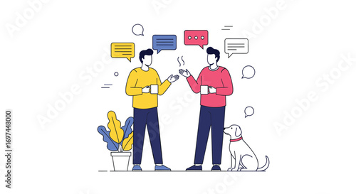 Two friends enjoying a casual conversation over coffee with their dog sitting nearby illustration