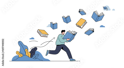 A person running with books flying out of a book in a stylized illustration