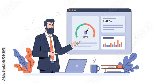 Business analyst explaining financial performance metrics on a dashboard for strategic decision making