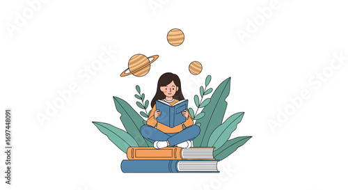 Young woman sitting cross-legged on stack of books reading a book surrounded by plants and planets learning and imagination