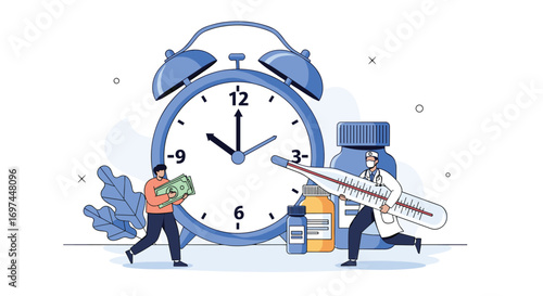 Doctors race against time with medicine and thermometer illustrating health care urgency and financial management during illness