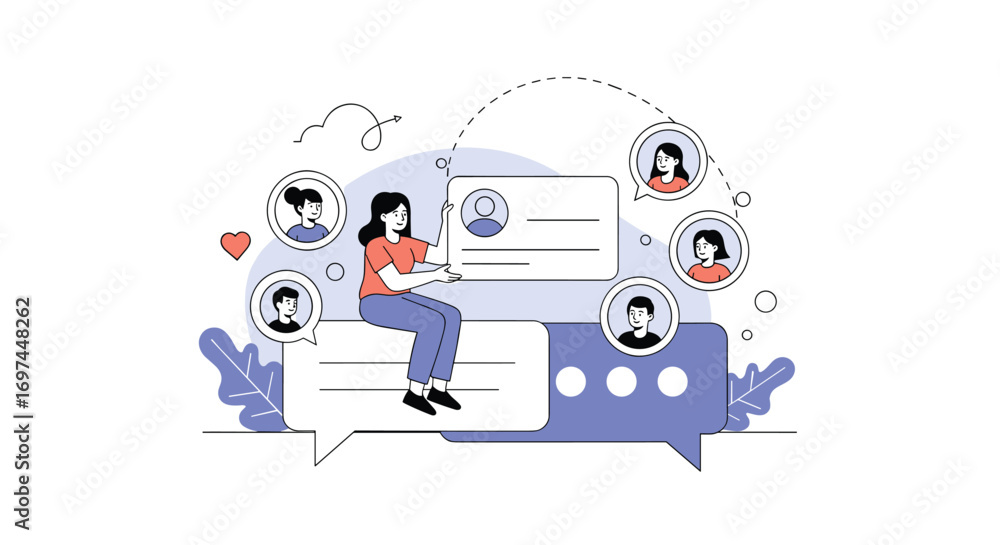 Naklejka premium Illustrating the concept of online communication and social connection through digital chat bubbles and user profiles