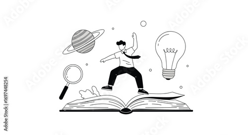 A person jumping on an open book with a light bulb and planet overhead symbolizing discovery and new ideas