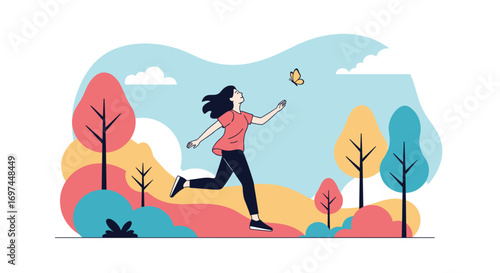Young woman happily chasing a colorful butterfly in a vibrant park on a beautiful sunny day