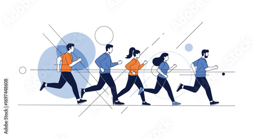 Diverse group of people running together in synchronized motion with abstract geometric elements