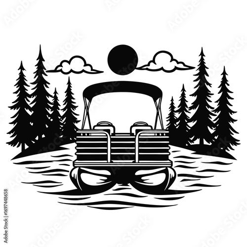 Pontoon boat on water with trees and sun silhouette