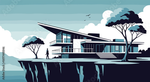 Modern architectural masterpiece perched on a dramatic cliffside overlooking a vast ocean under a serene sky with a lone figure contemplating the view