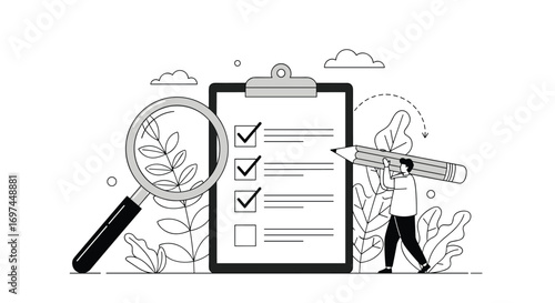 Detailed examination of a checklist through magnifying glass and pencil illustration representing task completion and progress tracking