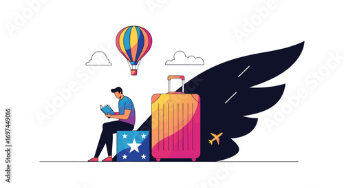 A man sits with a book and luggage before a giant wing and a hot air balloon suggesting travel adventures