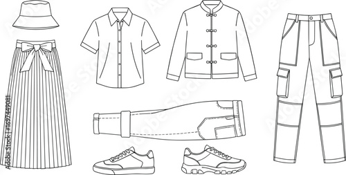 Fashion clothing line art set, including bucket hat, pleated skirt, short sleeve shirt, jacket, cargo pants, and sneakers.