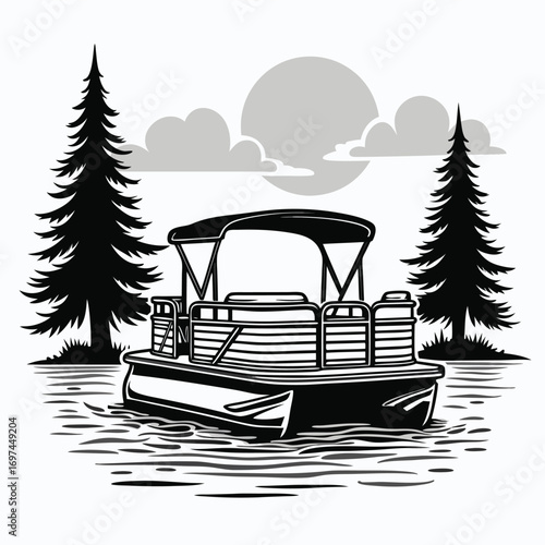 Pontoon boat on water with two trees and sun lake river