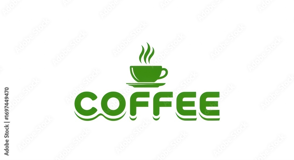 Green coffee logo with cup and steam above the word coffee in a stylized font design style Green coffee logo with cup and steam above the word coffee in a stylized font design style