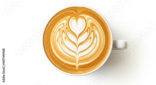 Aerial view of a cappuccino with latte art on a white background in a ceramic cup with a handle