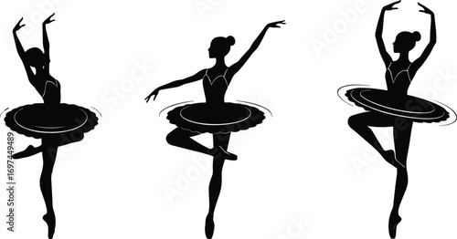 Elegant ballet dancers performing graceful poses in tutus, silhouette art, classical dance movement, rhythmic spinning, ballet artistry, female dancers, stage performance.