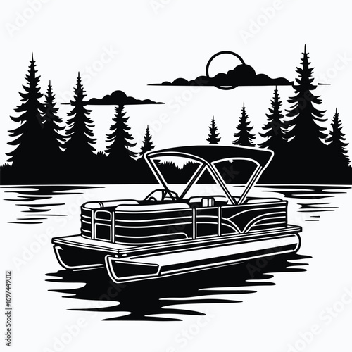 Pontoon boat silhouette with trees and sun Keywords: pontoon boat, water, lake, river, ocean