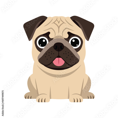 Adorable pug puppy sitting front view expressive eyes playful tongue out cute pet vector