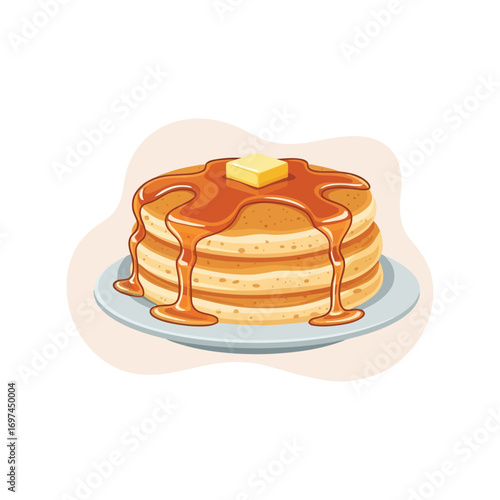 Delicious stack of fluffy pancakes with melted butter and syrup drizzle on a plate vector