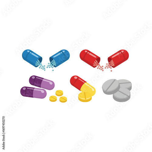 Assortment of pharmaceutical capsules and tablets for medical health concepts vector