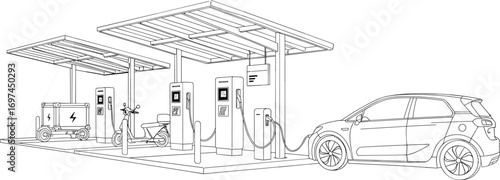 Electric vehicle charging station with electric car and scooter, modern sustainable energy, clean transportation, eco-friendly, futuristic urban mobility concept.