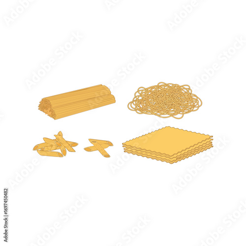 Various dried pasta shapes and ingredients isolated top view culinary food photography vector