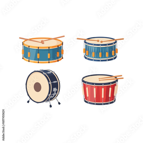 Collection of four vintage style drums with drumsticks isolated on vector