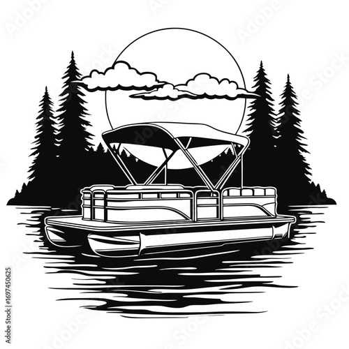 Pontoon boat with canopy on water with trees and sun