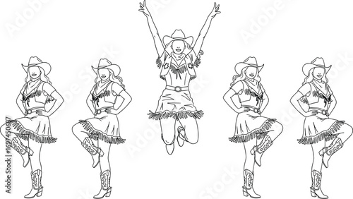 Country cowgirl dancers in western outfits performing traditional line dance with hats and boots, energetic jumping and posing motion