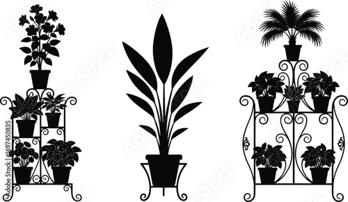 Decorative black silhouette of multiple indoor potted plants on ornate metal plant stands, elegant vintage style botanical home decor.