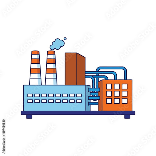 Modern industrial factory with smokestacks and pipelines for manufacturing energy production or chemical processing vector