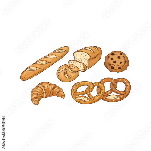 Assorted baked goods collection french bread croissant pretzels cookie freshly baked pastries vector