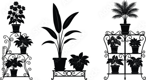 Black silhouette indoor plants on decorative metal plant stands, potted houseplants arrangement, elegant garden decor, botanical interior design elements.