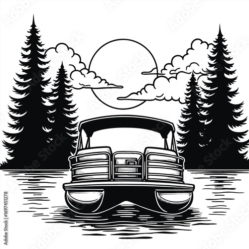 Rear view of pontoon boat on water with trees and sun
