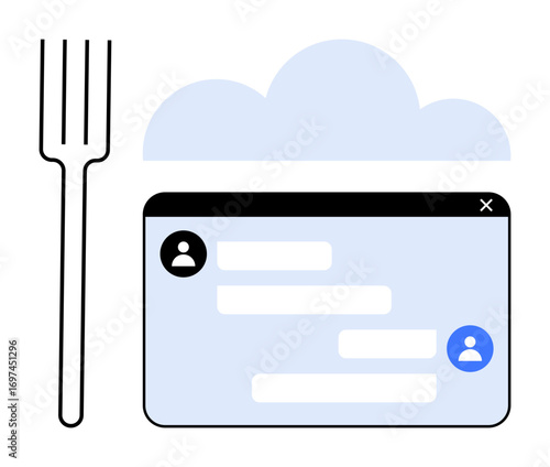 Fork, chat window with user icons, and cloud backdrop represent communication, collaboration, online tools, food service, technology, messaging platforms and cloud solutions. Ideal for online tools