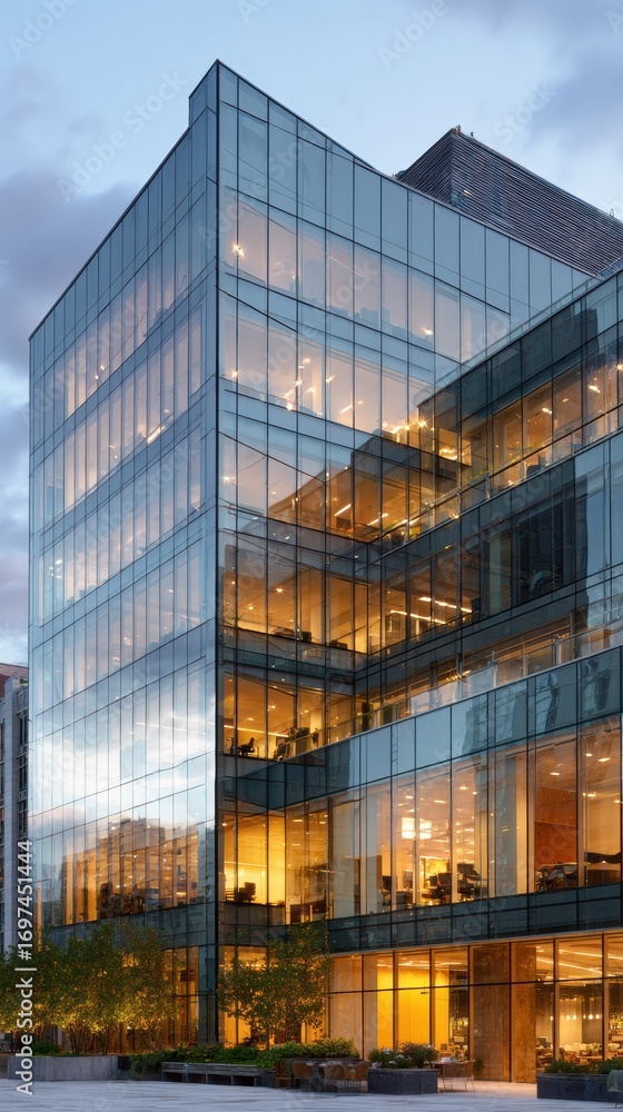 Fototapeta premium Modern Premium Office Building Exterior with Glass Facade and Interior Activity Professional Corporate Space for Real Estate Marketing and Business Advertising