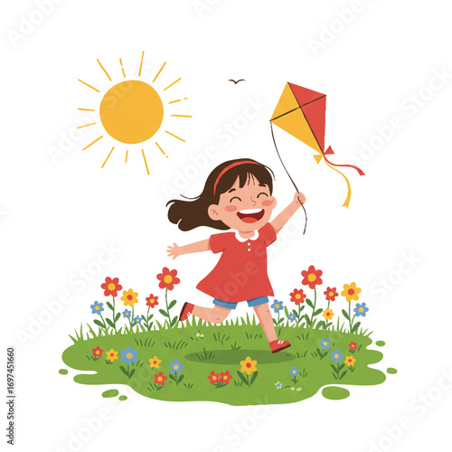 A joyful little girl with a bright smile runs playfully through a vibrant field of colorful flowers, clutching a small kite under a shining sun, rendered as a cheerful 2D flat vector illustration.