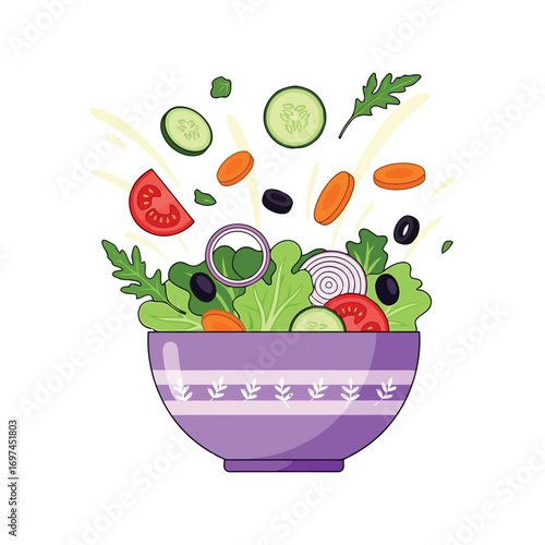 Fresh garden salad ingredients exploding out of a purple bowl healthy food concept vector