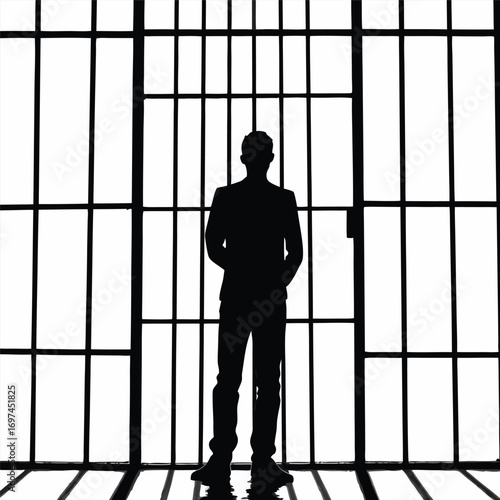 Silhouette of a man behind prison bars on a white background
