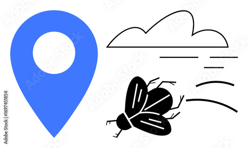Fly buzzing near a cloud and a blue location pin, symbolizing exploration, movement, and navigation concepts. Ideal for travel, exploration, nature, tracking, direction movement and simplicity