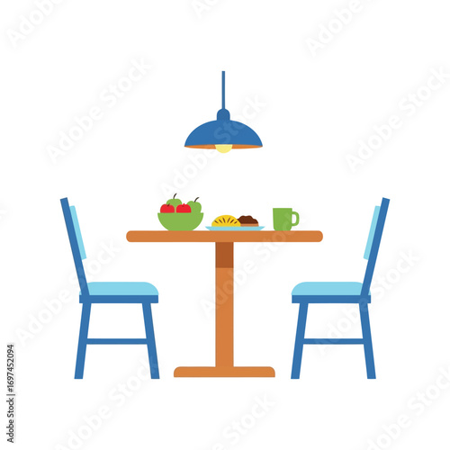 Modern dining set two blue chairs wooden table pendant lamp kitchen cafe interior design vector