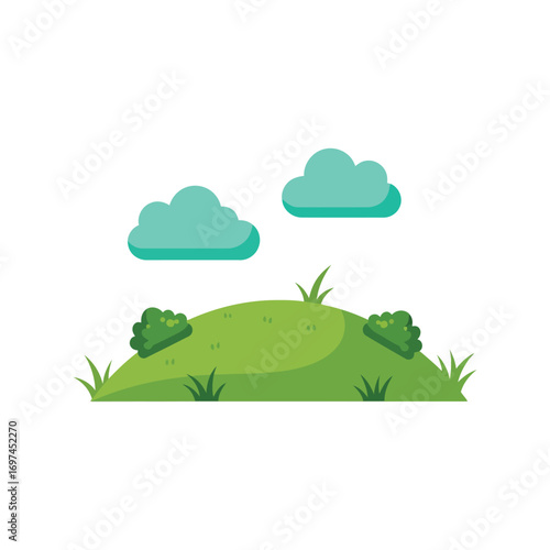 Vibrant cartoon hillside with fluffy clouds simple flat illustration nature landscape vector