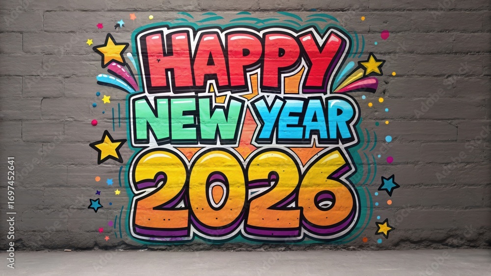 Fototapeta premium Vibrant graffiti style happy new year 2026 celebration message painted on a textured brick wall