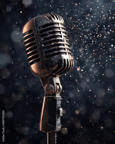 Vintage microphone with sparkling dust particles against a dramatic dark background, perfect for music themes and retro designs
