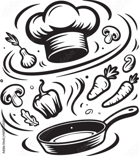 cooking process of vegetables on pan isolated on white background