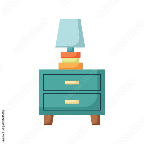 Turquoise teal nightstand with stacked books and lamp minimalist furniture design vector
