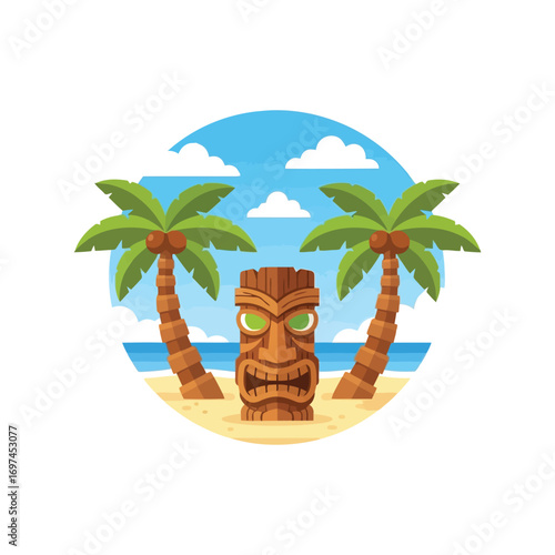 Tropical tiki idol paradise scene with palm trees and sunny sky vector