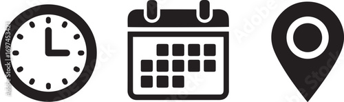Event Icons Collection – Flat Vector Calendar, Location Pin, Address Marker and Clock Time Symbols for Web and App UI