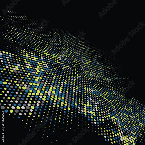 Abstract glowing digital light particles form a dynamic wave pattern motion bokeh effect