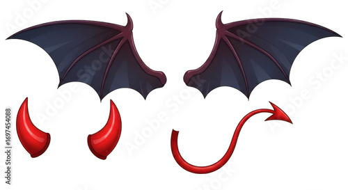 A pair of dark, leathery devil wings, two red devil horns, and a red devil tail with an arrow tip, all isolated on a transparent background