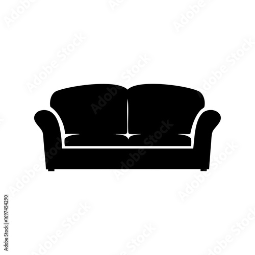 Solid black silhouette of a two seat sofa on white background