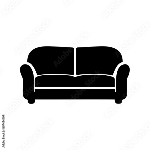 Black couch with two cushions and a simple design on white background